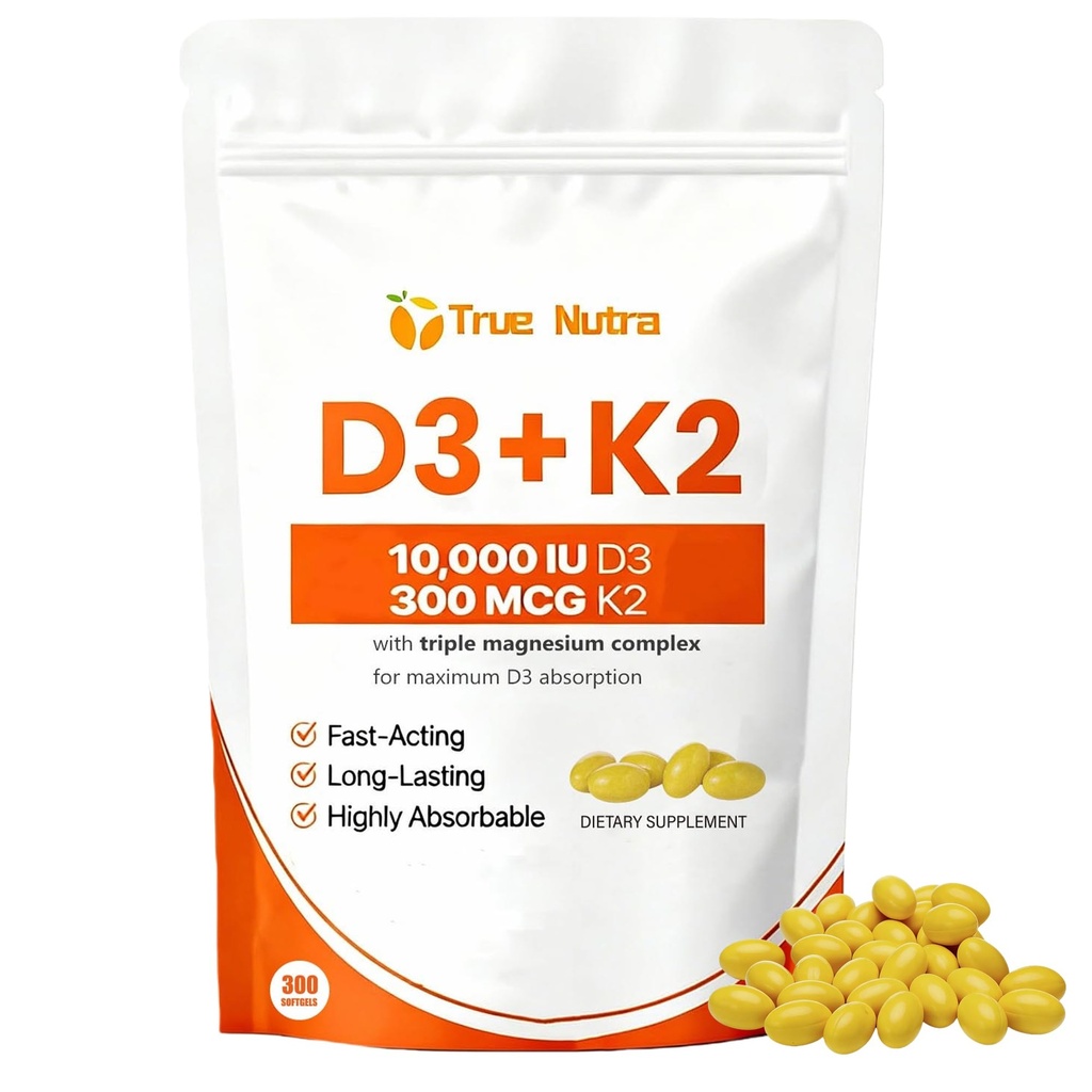 D3 K2 Magnesium, Vitamin D3 10000 IU K2 Softgels, Non-GMO, Extra Strength, Gluten Free, 300 Coconut Oil Softgels