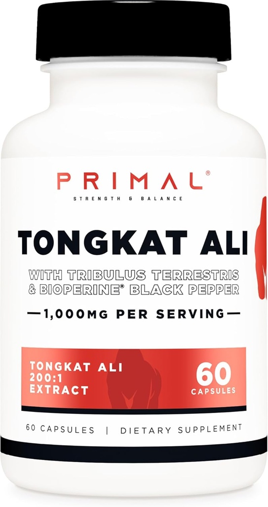 Primal Tongkat Ali Capsules (60 Capsules / 30 Hizmet, 1000 mg Per Servis) - Erkekler için Uzun Jack Supplement, Gluten Free, Non-GMO Herbal Beslenme Supplement