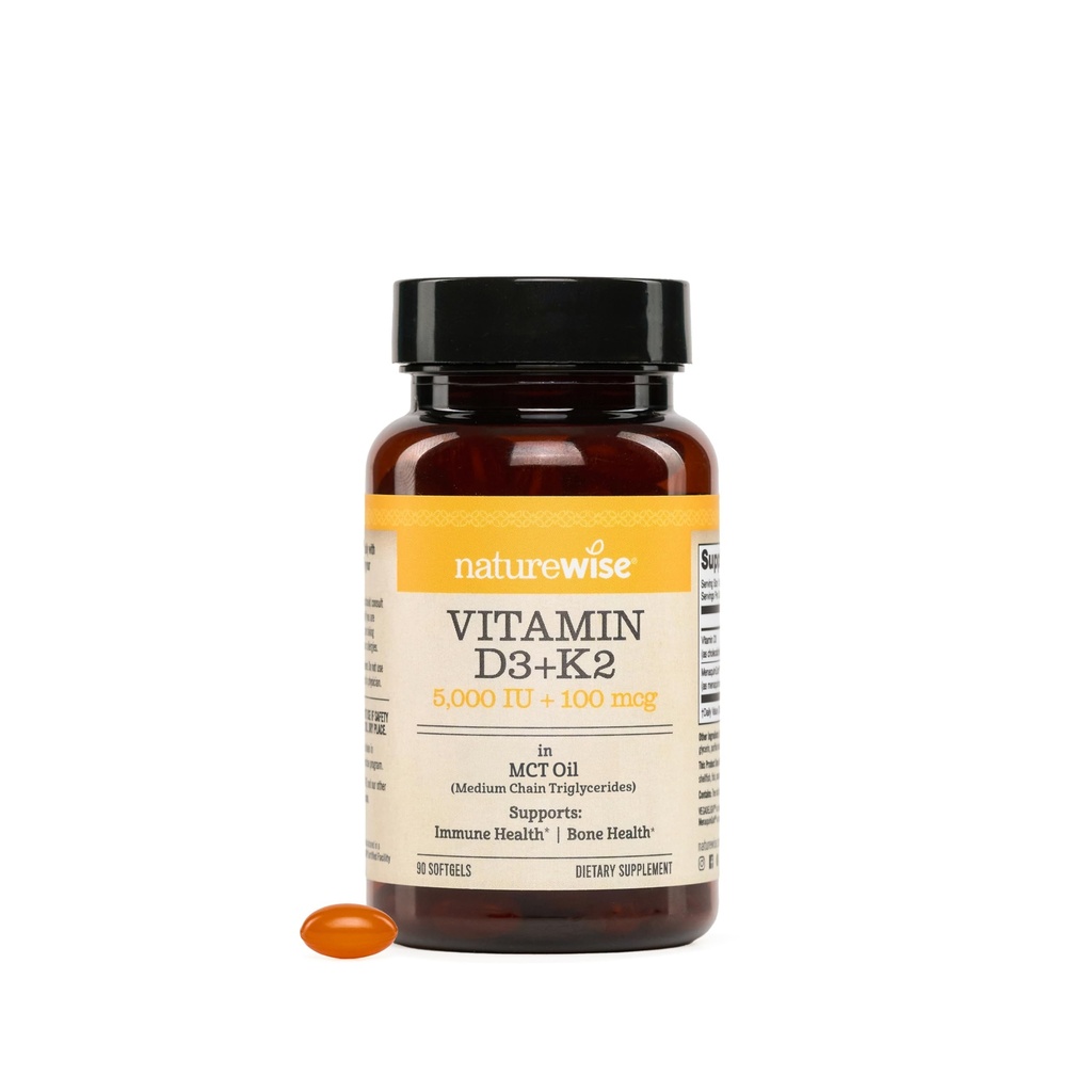 NatureWise Vegan Vitamin D3 + K2 with Organic Coconut MCT Oil - Natural D3 5000IU + Natural K2 100mcg - High Absorption Bone Support - Soy & Gluten Free - USA Manufactured - 90 Softgels[90-Day Supply]