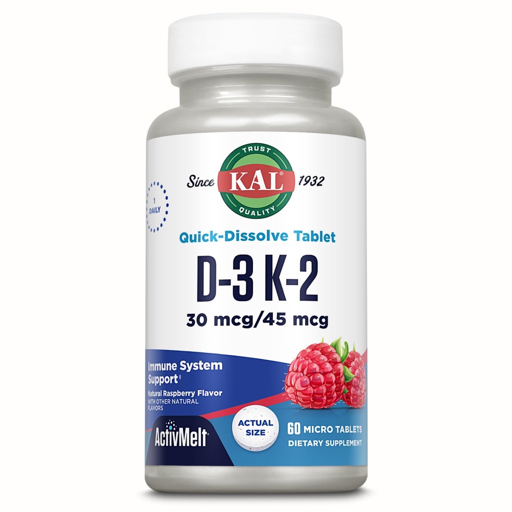 KAL Vitamin D3 K2 ActivMelt - Immune Support Supplement w/Vitamin D as D3 and MK7 VIT K2 to Support Strong Bones - Quick-Dissolve Tablets, Natural Raspberry Flavor, 60-Day Guarantee, 60 Servings