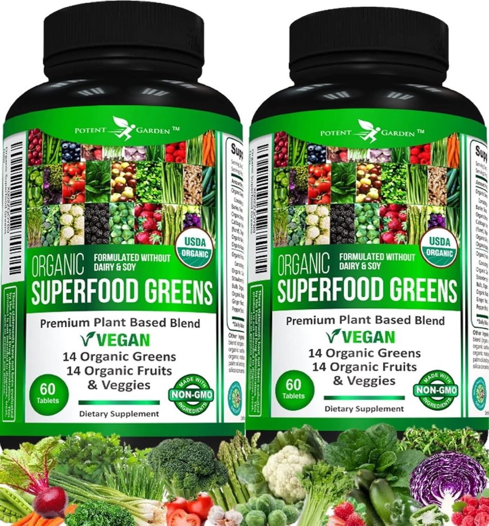 Potent Garden 2Pack Organik Superfood Greens, Meyve ve Veggie Supplement Zengin Vitaminler ve Alfalfa, Beet Root & Tart Cherry Enerjiyi artırmak için, Immunity & Gut Health, 120 Ct Health