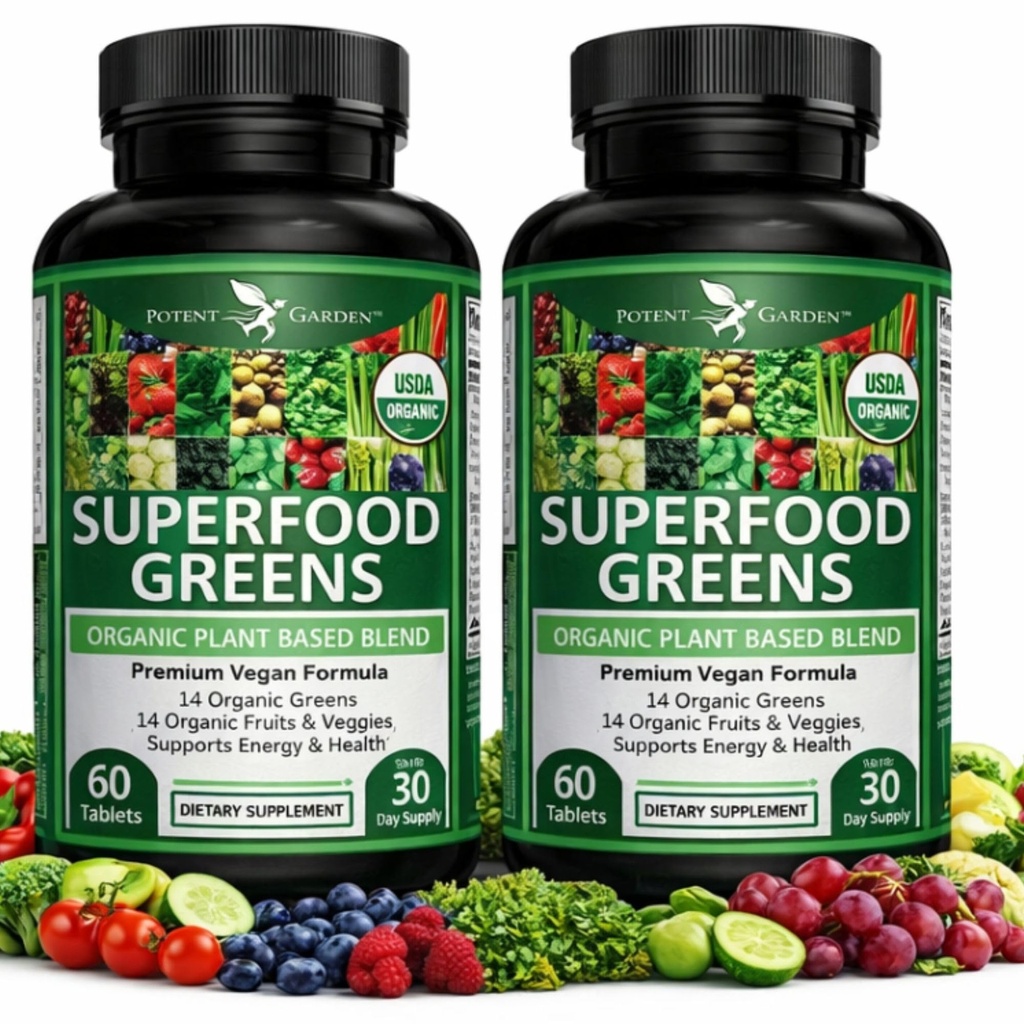 Potent Garden 2Pack Organik Superfood Greens, Meyve ve Veggie Supplement Zengin Vitaminler ve Alfalfa, Beet Root & Tart Cherry Enerjiyi artırmak için, Immunity & Gut Health, 120 Ct Health