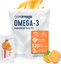 Coromega Omega 3 Fish Oil Συμπλήρωμα, 650mg Ωμέγα-3s με 3X Καλύτερη απορρόφηση από Softgels, Πορτοκαλί Γεύση, 120 Single Serv Squeeze Packets