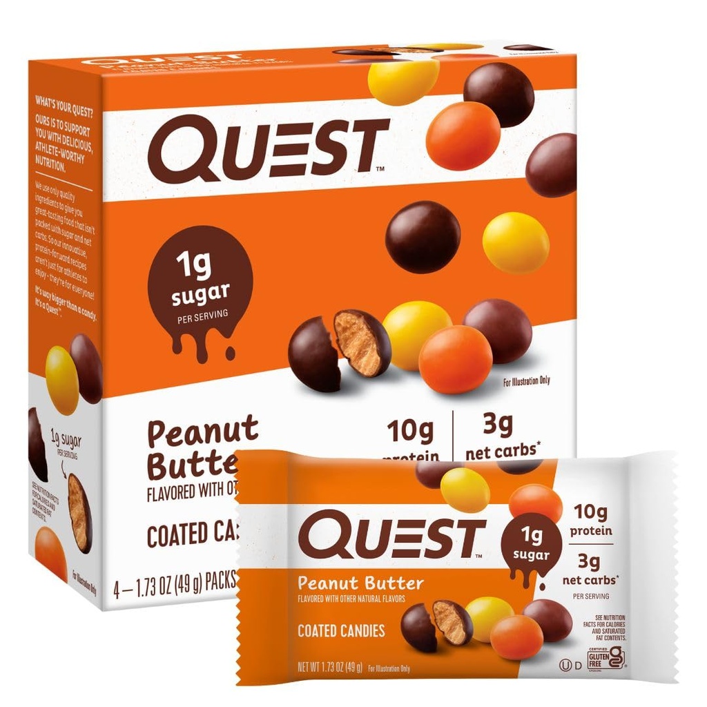Quest Nutrition Coated Candies, Peanut Butter, 1g Sugar, 10g Protein, 4g Net Carbs, Gluten Free, Keto Friendly, 4 Count