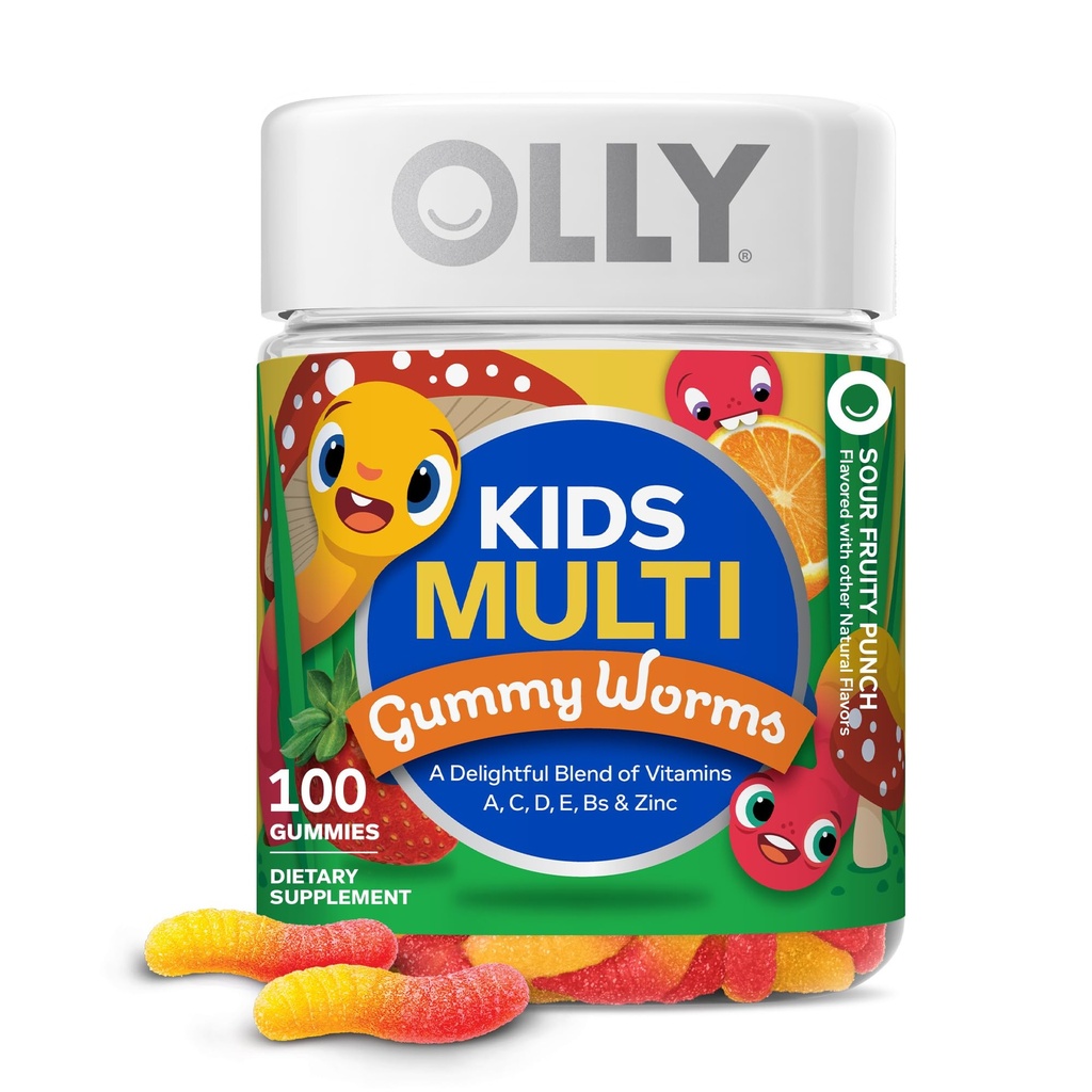 OLLY Kids Multivitamin Gummy Worms, Overall Health and Immune Support, Vitamins and Minerals A, C, D, E, Bs and Zinc, Kids Chewable Supplement, Sour Fruit Punch, 45 Day Supply - 100 Count