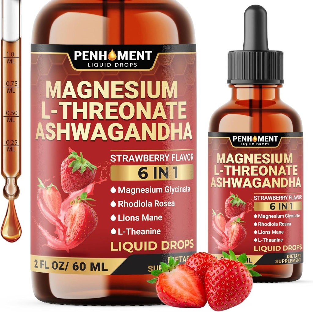 6in1 Magnezyum L-Threonate Liquid Drops with Ashwagandha, Magnezyum Glycinate and 3 More - Brain Support and Immune - 2 Fl Oz 30 Days - Strawberry Flavor