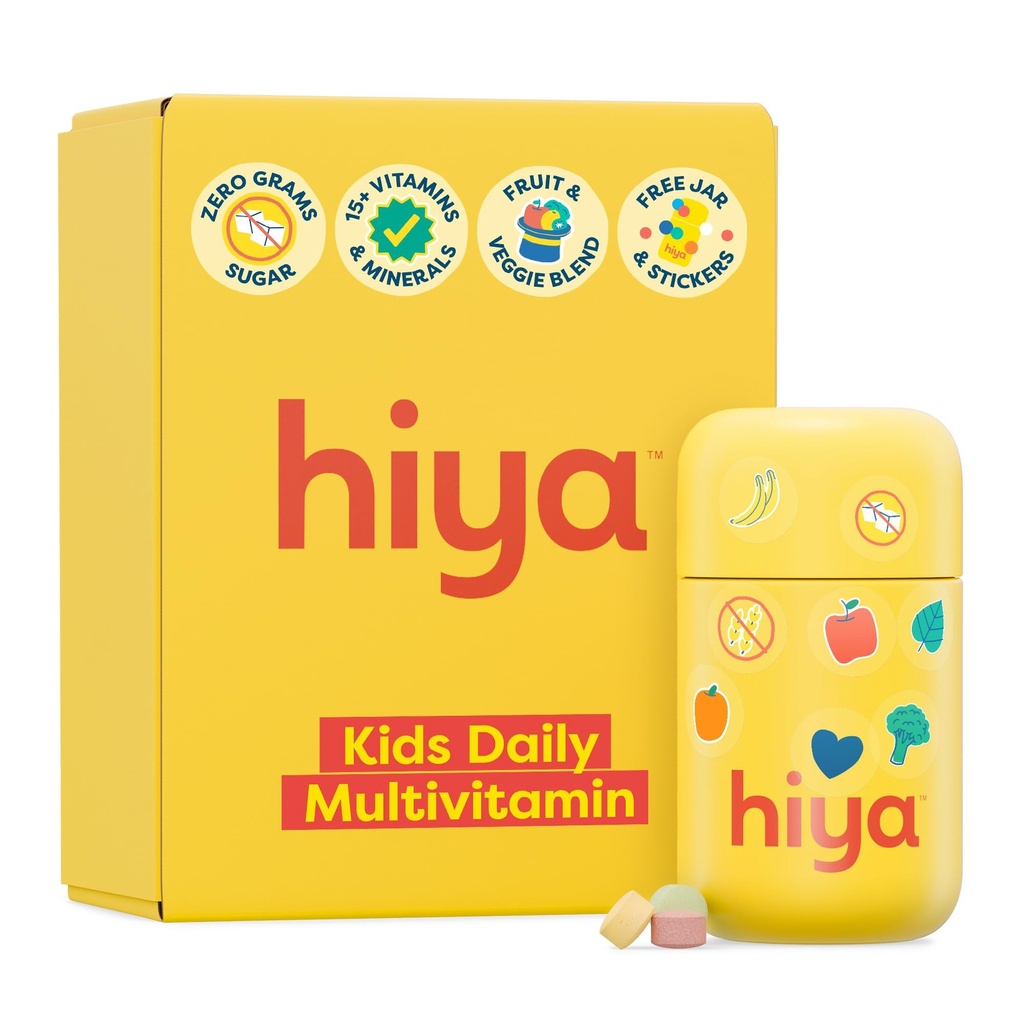 HIYA Kids Multivitamin Tablets – 15+ Essential Vitamins & Minerals with Fruits & Veggies for Ages 2+, Supports Growth, Development & Immune, 0g Sugar – 30 Day Supply for Toddlers & Kids
