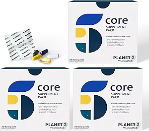 Planet 3 Vitamin Packs, Daily Vitamins for Both Men & Women, Energy, Immune & Heart Support | Multivitamin, Vitamin D, Omega 3, Probiotics, Biotin, B12 & More | Core Supplements | 90 Daily Packs