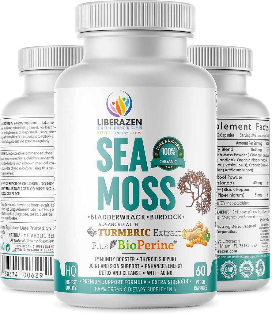 Organik İrlandalı Deniz Moss Pilleri - Vahşi Denizmosları Turmeric, Burdock Root & Bladderwrack, Black Pepper ile Geliştirildi - 60 Capsules