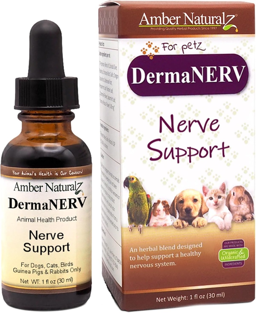 Amber NaturalZ DermaNERV Herbal Supplement for Dogs, Cats, Birds, Tavşanlar ve Gine Pigs | Destek Merkezi Nervous System Health & Balanced Davranış | Sağlıklı Sinir Fonksiyonlları için Doğal Yardım