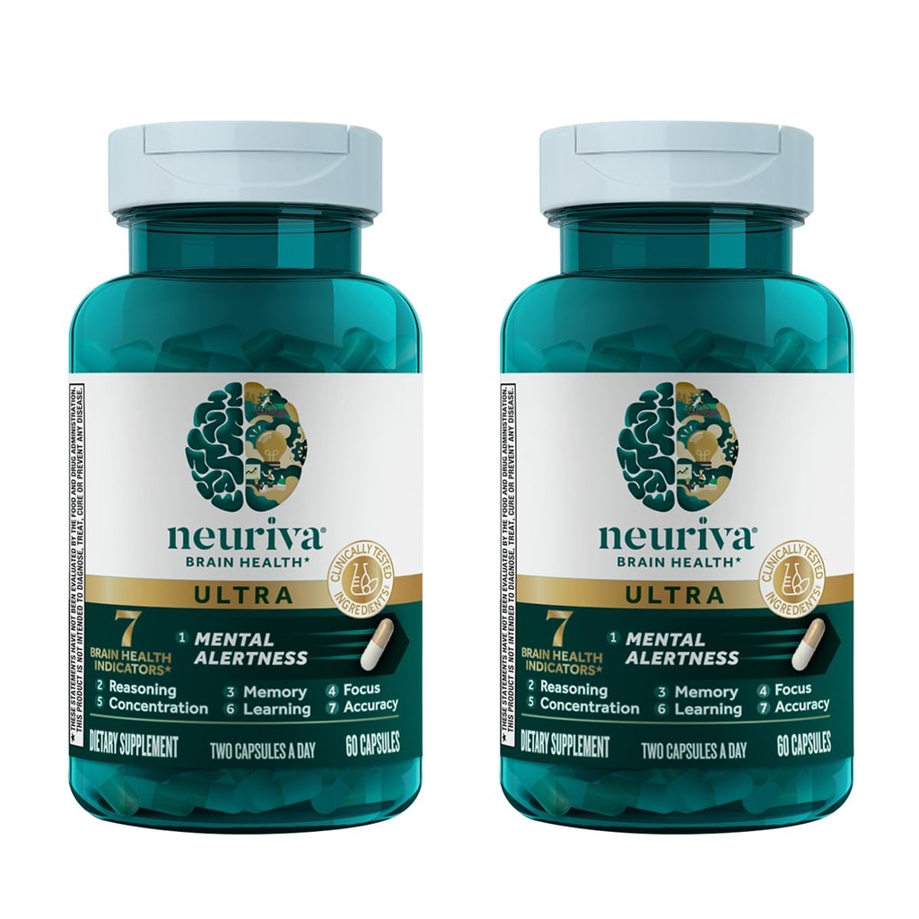 NEURIVA Ultra Brain Supplement for mental Alertness, Memory, Focus & Concentration with Klinik olarak Test Edilmiş Cognivive, Nörofak, Phosphatidylserine, Vitamins B6 & B12, 60 Count Capsules (2 Pack)