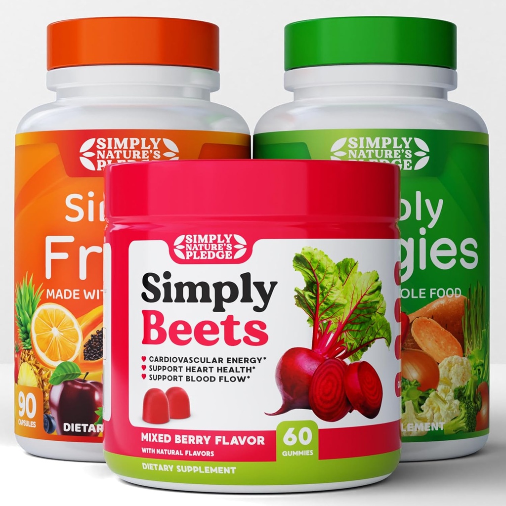 Basitçe Nature's Pledge - Meyve ve Sebze Supplements - 90 Veggie ve 90 Meyve Kapsülleri - Beets Gummy - 60 Count -Combo - 30 Day Supply of each each