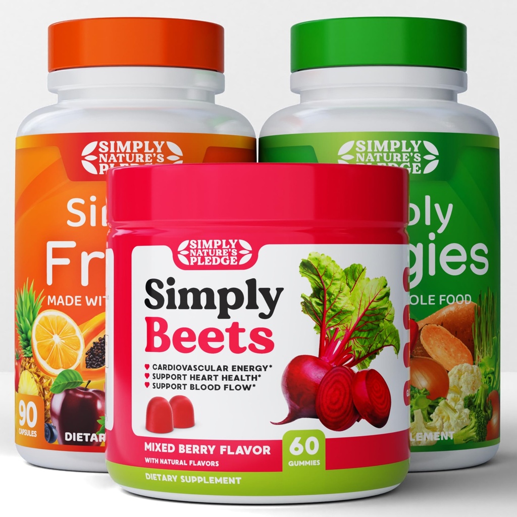 Simply Nature's Pledge - Συμπληρώματα φρούτων και λαχανικών - 90 Veggie και 90 κάψουλες φρούτων - Beets Gummy - 60 Count - Combo - 30 Ημέρα προσφοράς του καθενός