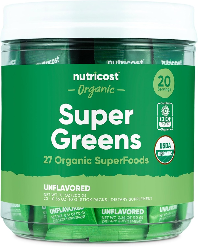 Nutricost Organic Super Greens (Άγευστα) 20 Stickpacks - Χωρίς γλουτένη, Μη ΓΤΟ
