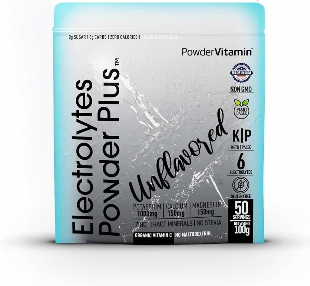 Σκόνη Vitamin Ηλεκτρολυτές σκόνης Plus (50 εξυπηρετούν) Μη αρωματισμένη Ηλεκτρολυτική σκόνη Keto, Χωρίς ζάχαρη, Pink Ιμαλαΐων αλάτι.,1000mg Κάλιο,150mg Ασβέστιο,150mg Μαγνήσιο, ΟΧΙ Stevia