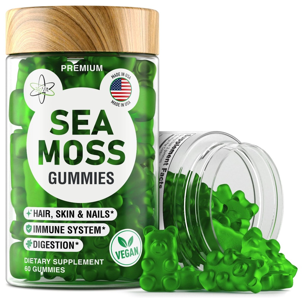 BioVit Sea Moss Gummies - Wildcrafted Irish Sea Moss for Yetişkinler & Kids - Seamoss Gel with Bladderwrack & Burdock Root - 60 Vegan Gummies - Wildcrafted Irish Sea Moss for Yetişkinler & Kids - Seamoss Gel with Bladderwrack & Burdock Root - 60 Vegan Gummies