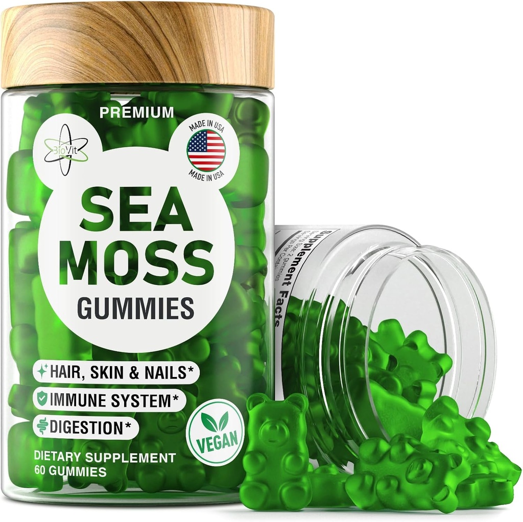 BioVit Sea Moss Gummies - Wildcrafted Irish Sea Moss for Yetişkinler & Kids - Seamoss Gel with Bladderwrack & Burdock Root - 60 Vegan Gummies - Wildcrafted Irish Sea Moss for Yetişkinler & Kids - Seamoss Gel with Bladderwrack & Burdock Root - 60 Vegan Gummies