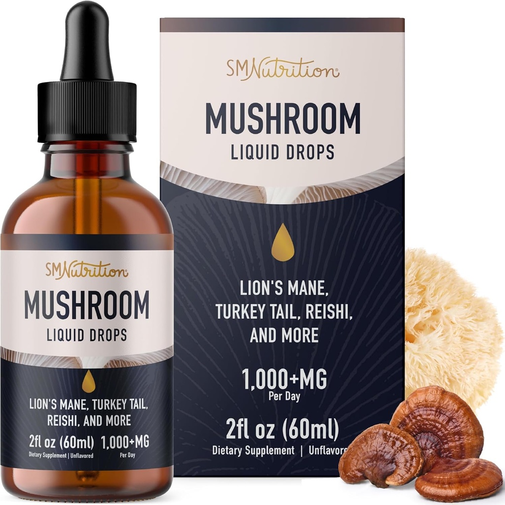 Mushrooms Liquid Drops Kompleks | Lions Mane Supplement with Turkey Tail Mushroom, Reishi, Shiitake & More | Support Cognitive Function, Memory & Focus | Non-GMO, Soy-Free | 2 Fl Oz, 60 Servisler