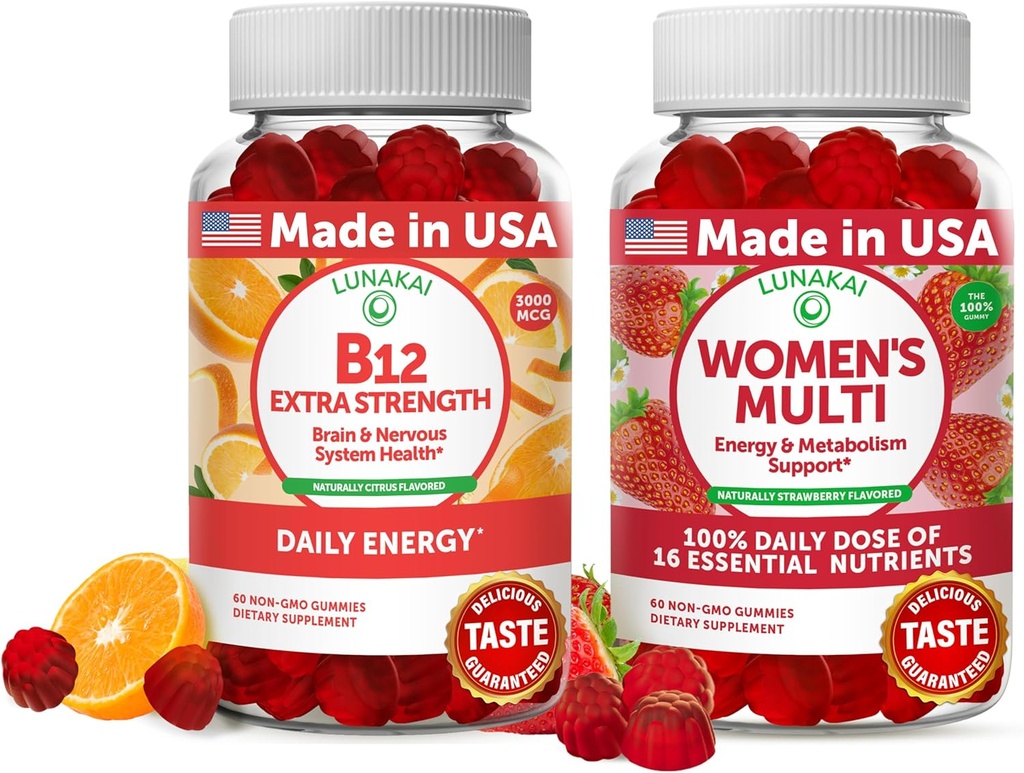 Lunakai Vitamin B12 ve Kadınlar Multivitamin Gummies Sche - 300006 Torchcobalamin Yüksek Aborpsiyon Enerji Gummy - 16 Essential Vitamins ve Minerallerin %100 Günlük Değeri - 30 Gün Supply Supply