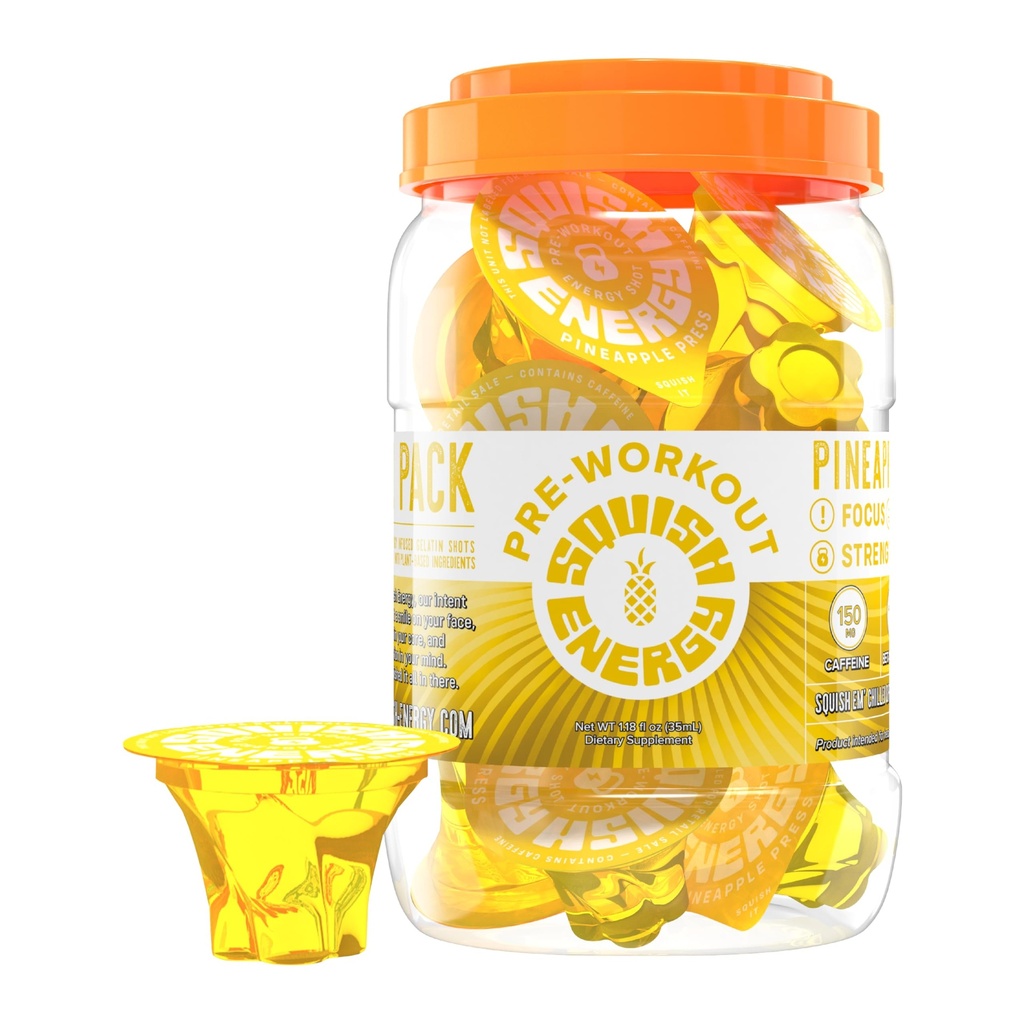 Squish Energy Pre-Workout Shots – Great-Tasting Pineapple Energy Jelly with Caffeine, Beta-Alanine & Citrulline – Clean, Fast Energy Easy to Take, Easy to Carry, No Mixing, Just Pop & Go – 12 Count