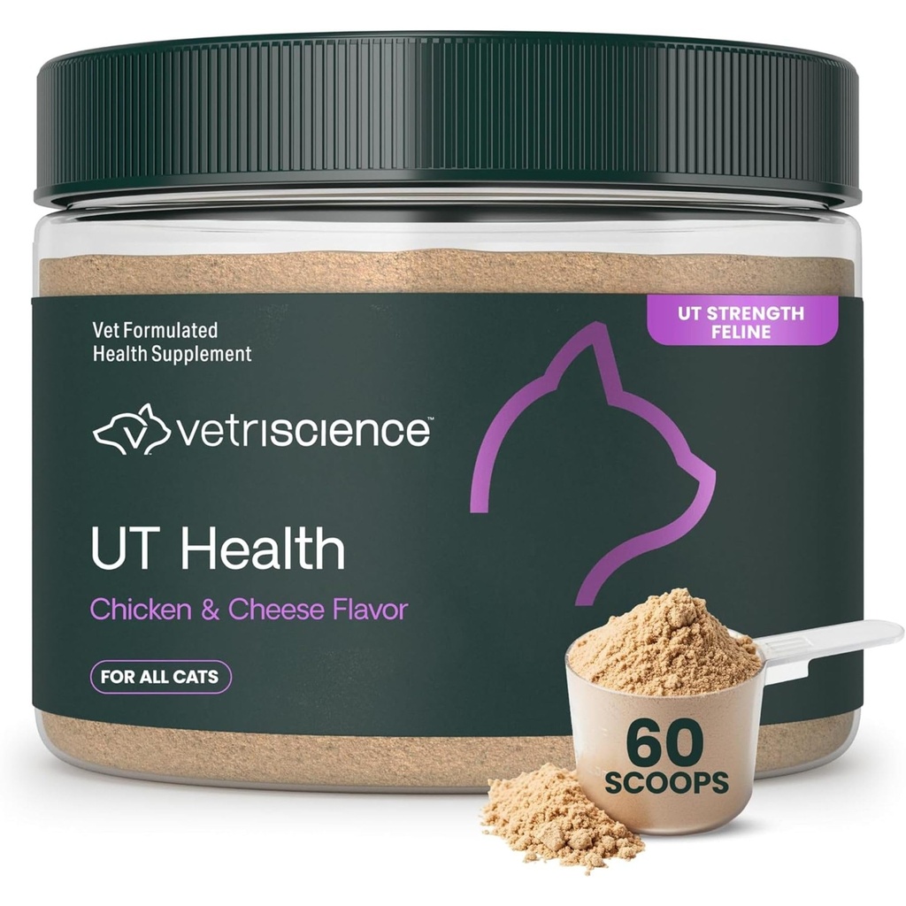 VetriScience UT Health Powder, UT Strength Cranberry D-Mannose Bladder and Urinary Tract Supplement for Cats, Bromelain and Probiotics, Healthy Mineral Balance, Chicken & Cheese, 60 Scoops