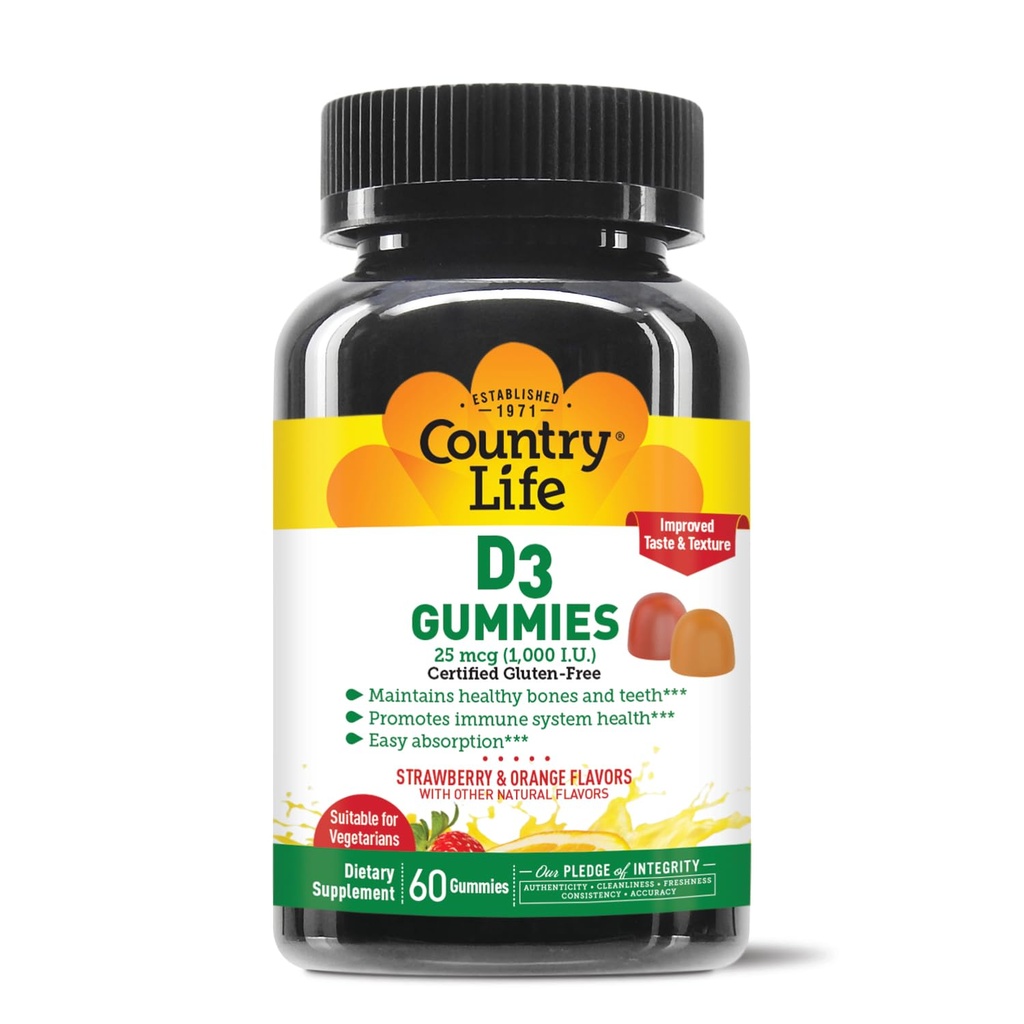 Ülke Hayat Vitamin D3 Gummies – 1.000 IU Cholecalciferol, 60 Kont – Bone & Immune Health – Vegetarian, Gluten-Free, Strawberry & Orange Flavors – Pectin-Based, No Yapay Sweeteners