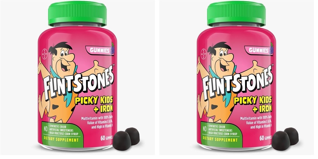 Flintstones Vitamins for Picky Kids + Iron, Kids Multivitamin Gummies with Vitamin C, D, E, B6 and Iron, Gummy Vitamins, Grape Flavored, 60 Gummies,(Pack of 2)