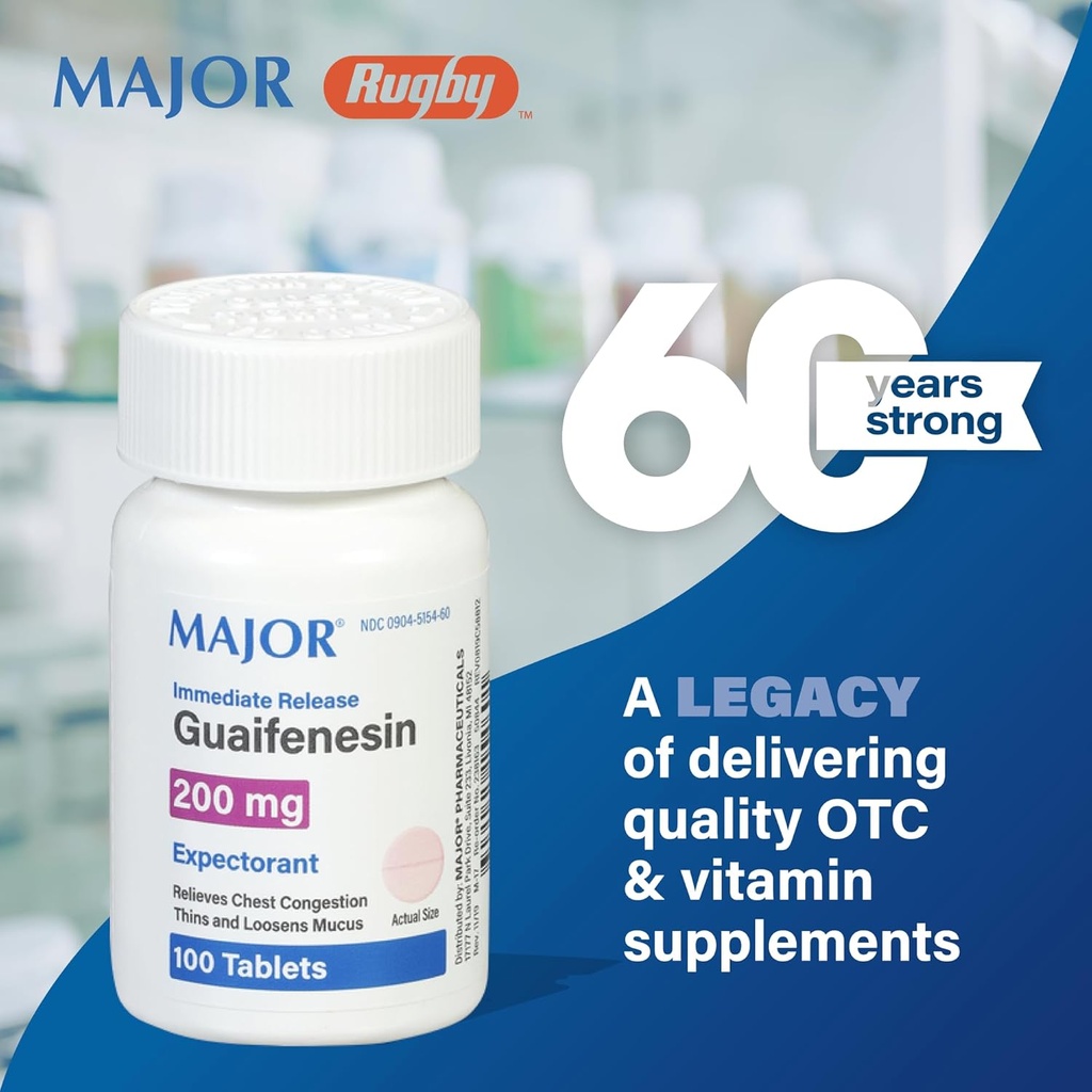 Major Immediate Release Guaifenesin - Relieves Chest Congestion, Thins and Loosens Mucus - 200 mg - 100 Tablets