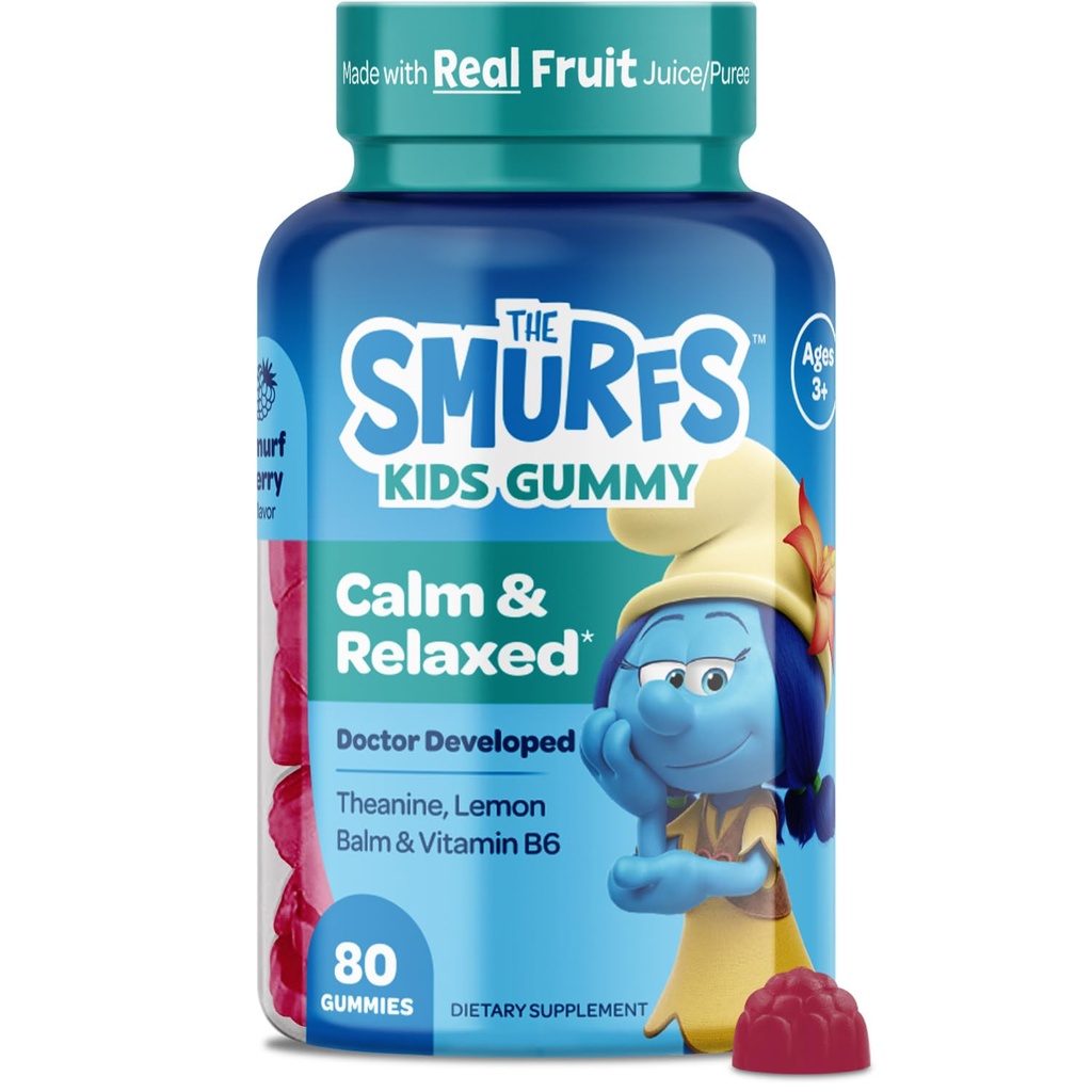 Smurfs Kids Calm Gummies | Calming Gummies for Kids with Lemon Balm & L Theanine | Made with Real Fruit | Doctor Developed | Gelatin Free Non-GMO No Artificial Flavors or Colors | 40 Servings