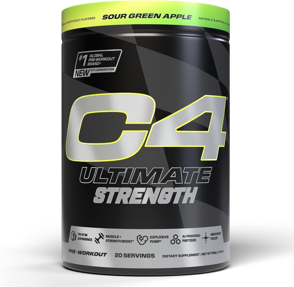 Hücre C4 Ultimate Strength Pre Workout Toz - Tri-Stim Deneyimi 300 mg Caffeine+TeaCrine+Dynamin - Kretine & Beta-Alanine - Energy Supplement for Men & Women - Sour Green Apple, 20 Servisler