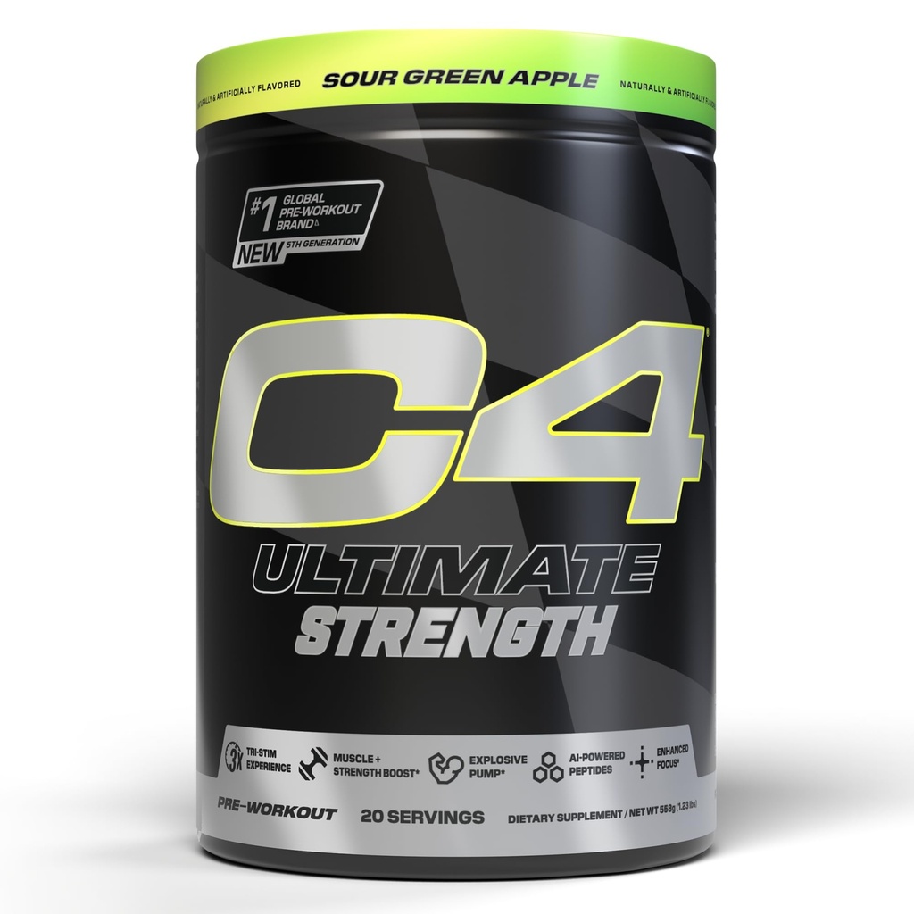 Hücre C4 Ultimate Strength Pre Workout Toz - Tri-Stim Deneyimi 300 mg Caffeine+TeaCrine+Dynamin - Kretine & Beta-Alanine - Energy Supplement for Men & Women - Sour Green Apple, 20 Servisler