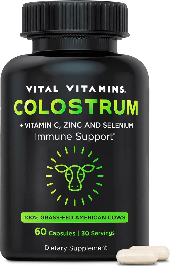 Βιταμίνες Βιταμίνες Συμπλήρωμα Colostrum - Βιταμίνη C, Ψευδάργυρος, & Σελήνιο - από το Πρώτο Άρμεγμα - Τυποποιημένη για να περιέχει 10% IgG Ανοσοσφαιρίνες - Grass-Fed Αμερικανικές Αγελάδες - 60 κάψουλες