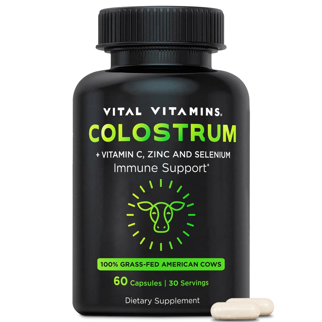 Βιταμίνες Βιταμίνες Συμπλήρωμα Colostrum - Βιταμίνη C, Ψευδάργυρος, & Σελήνιο - από το Πρώτο Άρμεγμα - Τυποποιημένη για να περιέχει 10% IgG Ανοσοσφαιρίνες - Grass-Fed Αμερικανικές Αγελάδες - 60 κάψουλες