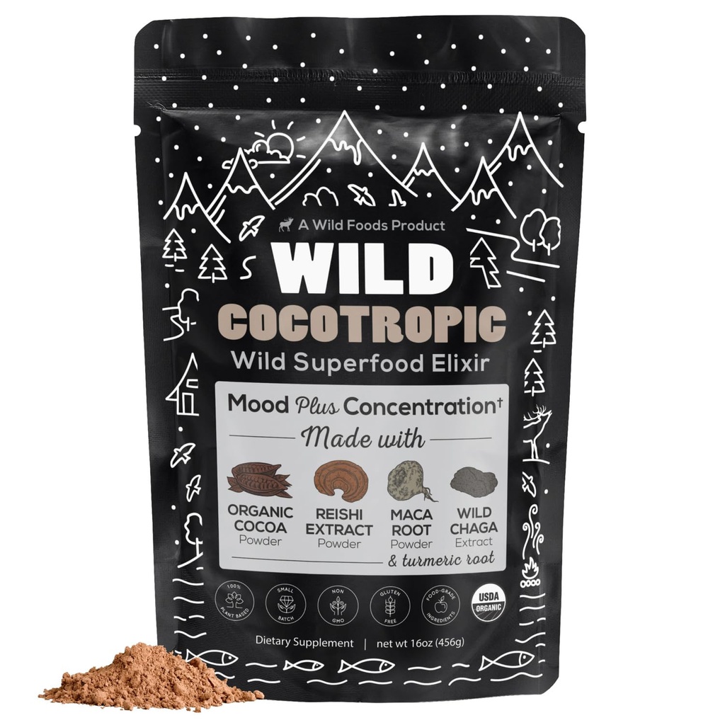 Organic Cocotropic Mushroom Hot Cocoa - Mushroom Coffee Alternative | Sugar Free Hot Chocolate | Organic Cocoa Powder, Reishi Mushrooms, Chaga, Maca Root, Turmeric | Delicious Sustained Focus, Energy & Mood Without Jitters | 16oz