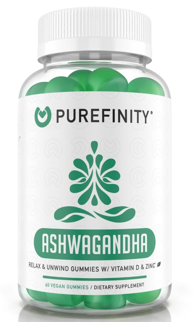 PUREFINITY Ashwagandha Gummies with Vitamin D & çinko – Tamam for Relaxation, Calming, and Mood Support – Gluten Free, Non-GMO, Vegan, 60 Count