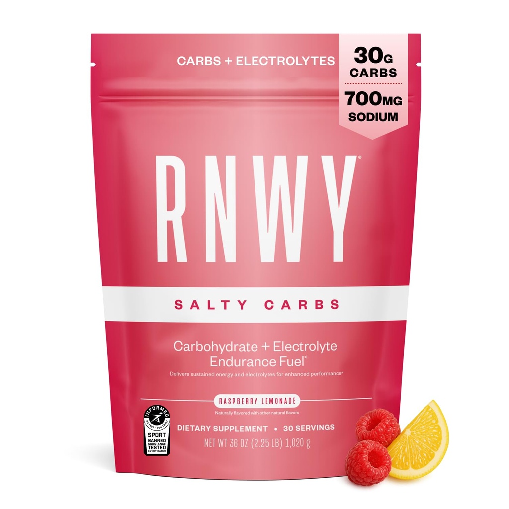RNWY Salty Carbs Electrolyte Drink Mix 30g Dual-Action Carbs + 700mg Sodium, Endurance Fuel for Runs, Rides and Races, Gluten-Free, Dairy-Free, Non-GMO (30 Servings, Raspberry Lemonade)