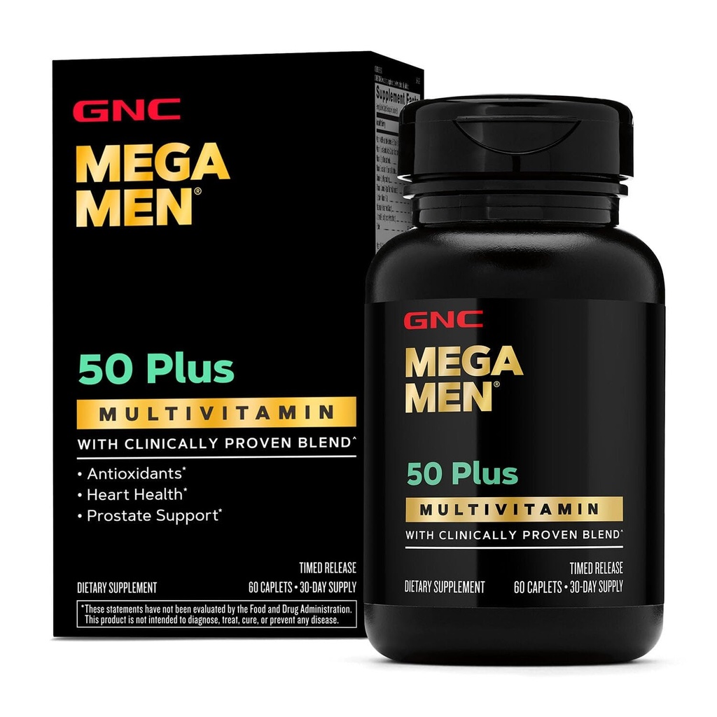GNC Mega Men 50 Plus Multivitamin Caplets, Clinically Proven, Heart & Prostate Health, Β Βιταμίνες, Saw Palmetto, Μνήμη, Βιταμίνη D-3, 60 μετρούν