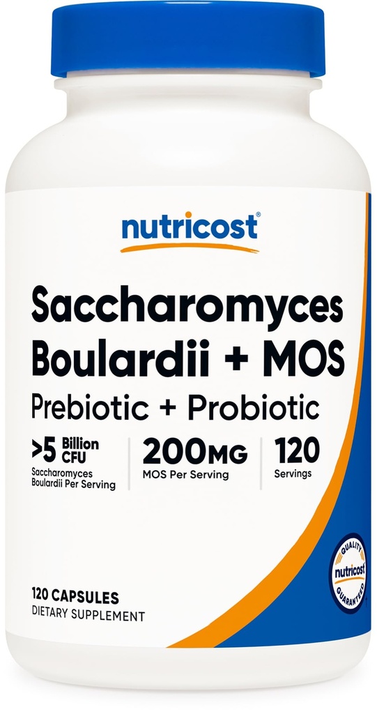Nutricost Saccharomyces Boulardii + MOS Capsules (>5 Billion CFU) 120 Capsules - Prebiotic + Probiotic, 200mg of MOS Per Serving
