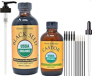 PRIME NATURAL Organic Black Seed Oil & Organic Castor Oil - 2 Oil Bundle - USDA Certified - Cold Pressed, Virgin, Unrefined, Vegan, Κανένα συντηρητικά