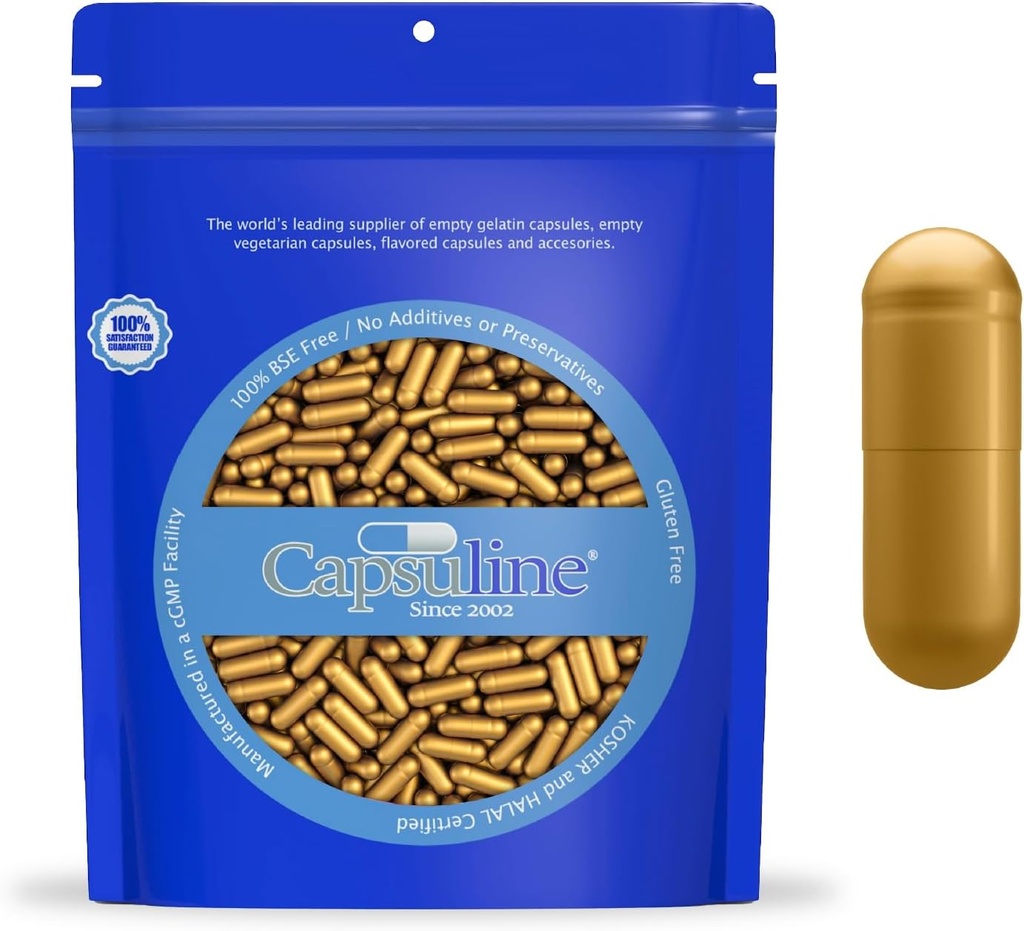 Capsuline Uzunluk 0 - Renkli Altın Boş Gelatin Capsules - 1000 Kont - Boş Gel Pill Capsules - DIY Pure Bovine Pill Capsule - Boş Caps - Kosher ve Halal Sertifikalı