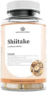 Nature Restore Shiitake Mushroom Extract Supplement, 90 Capsules, High %30 Polysaccharide Concentration, Non-GMO, Gluten Free Free