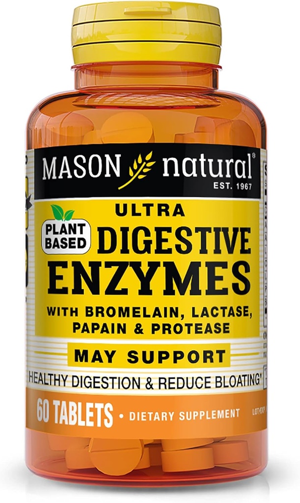 MASON NATURAL Plant Based Ultra Digestive Enzymes with Bromelain, Lactase, Papain & Protease - Υποστηρίζει Υγιεινή Πήξη & Μπορεί να Μειώσει την Ανέλκυση, 60 Κάψουλες