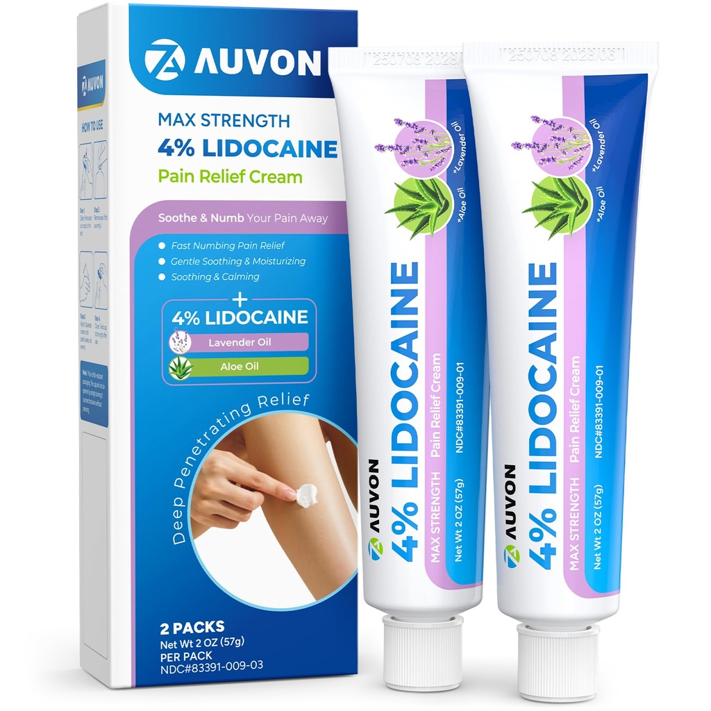 AUVON Max Strength Lidocaine Pain Relief Cream with Lavender & Aloe Vera, Numbing Cream for Minor Arthritis Pain, Soothing Muscle for Neck, Shoulder, Hip, Knee, Joint and Back Pain, 2 Oz, 2 Packs