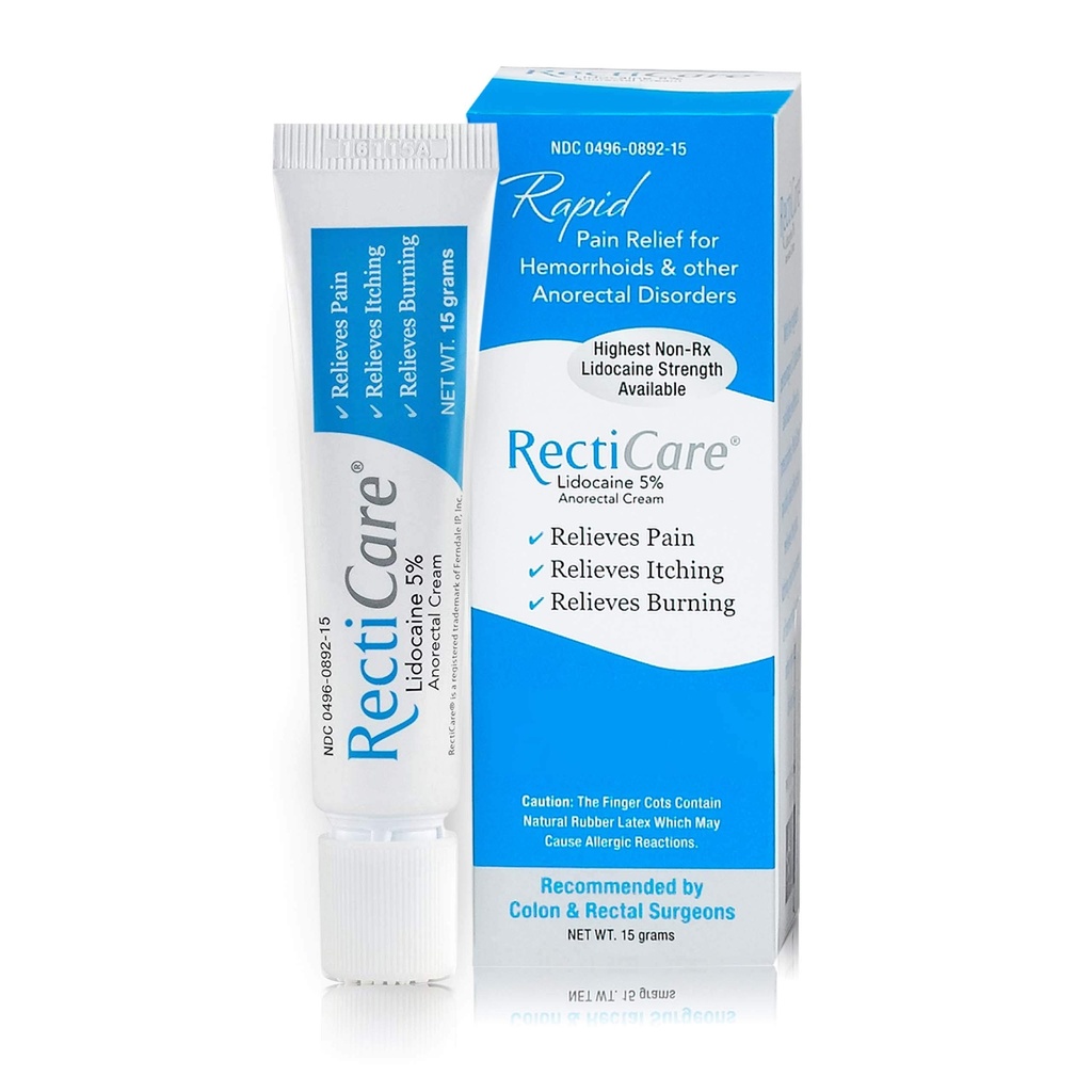 Recticare Anorectal Lidocaine 5% Cream: Treatment for Hemorrhoids & Other Anorectal Disorders - 15g Tube