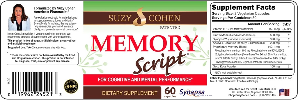 Suzy Cohen Σενάριο μνήμης με Lions Mane, Phosphatidylserine, Πράσινο εκχύλισμα τσαγιού και Ginkgo - Συμπλήρωμα υποστήριξης εγκεφάλου για την εστίαση - Nootropic κάψουλες για τη γνώση, ταχύτερη ανάκληση και διάθεση
