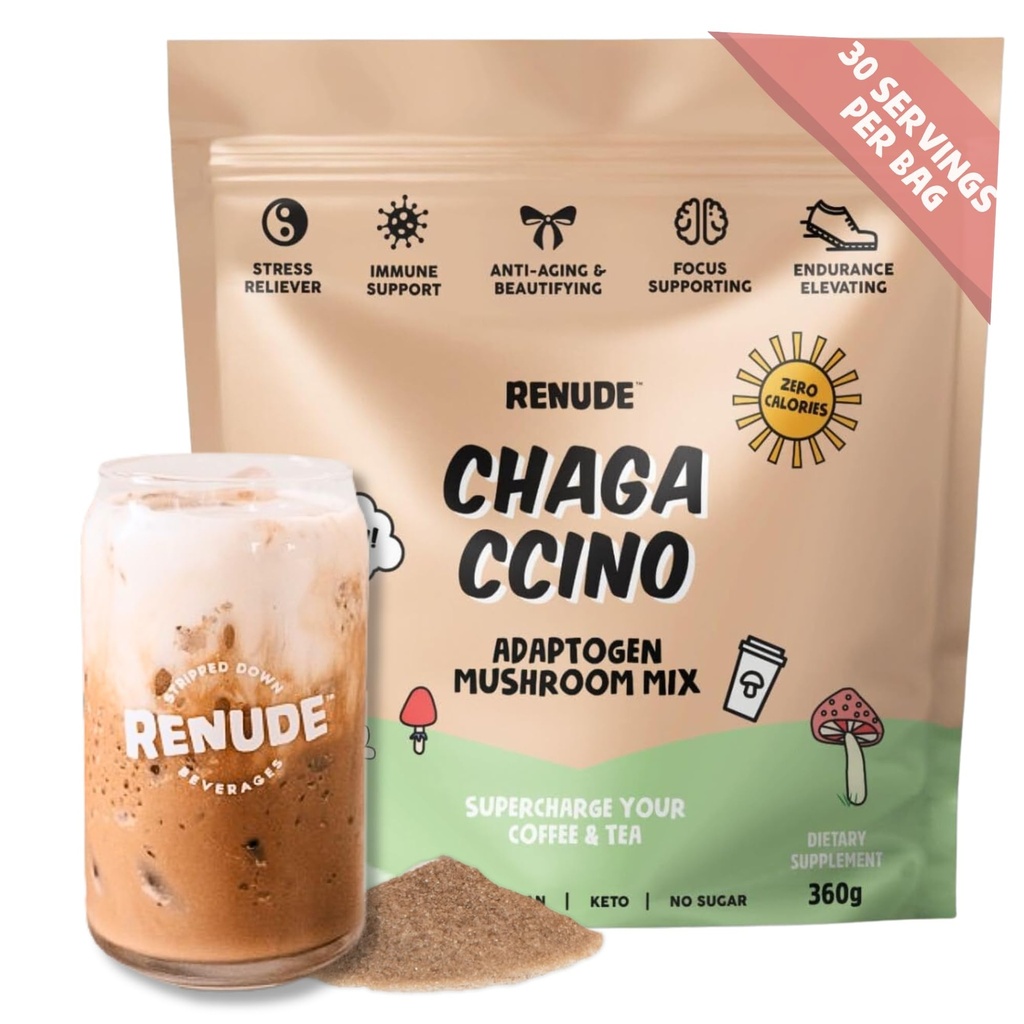 Renude Chagaccino - Chaga Mushroom Toz, Mushroom Coffee Drink Mix with Adaptogens, Natural Energy and Immune Support, Vegan, Keto, Zero Calorie Mushroom Mix Toz - 30 Servisler