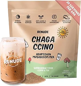 Renude Chagaccino - Chaga Mushroom Toz, Mushroom Coffee Drink Mix with Adaptogens, Natural Energy and Immune Support, Vegan, Keto, Zero Calorie Mushroom Mix Toz - 30 Servisler
