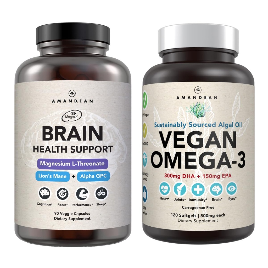 AMANDEAN Brain & Vegan Omega-3 Bundle: Magnesium Threonate, USA-Grown Lion’s Mane 6:1, Alpha-GPC & Algae DHA/EPA. Plant-Based Essential fats for Brain, Eye, Heart & Skin Health. Fish Oil Alternative.