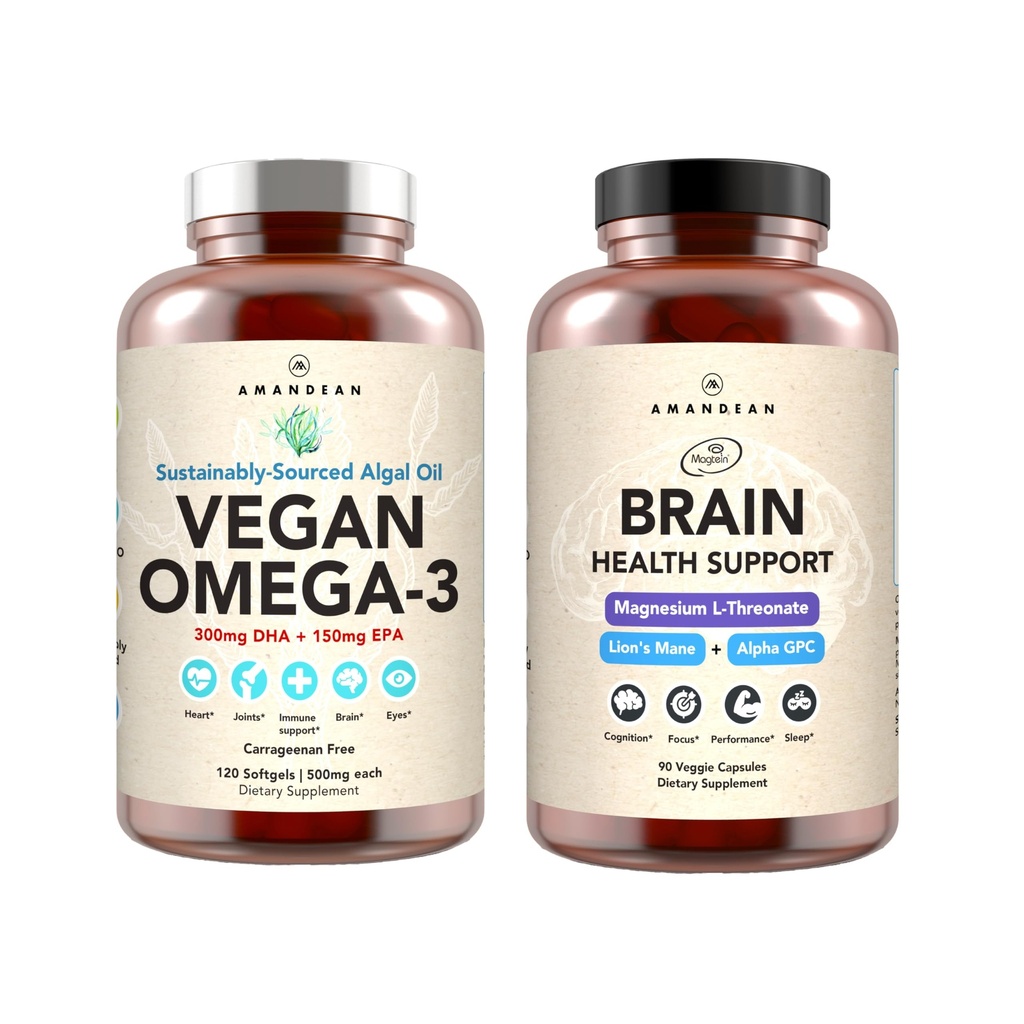 AMANDEAN Brain & Vegan Omega-3 Bundle: Magnesium Threonate, USA-Grown Lion’s Mane 6:1, Alpha-GPC & Algae DHA/EPA. Plant-Based Essential fats for Brain, Eye, Heart & Skin Health. Fish Oil Alternative.