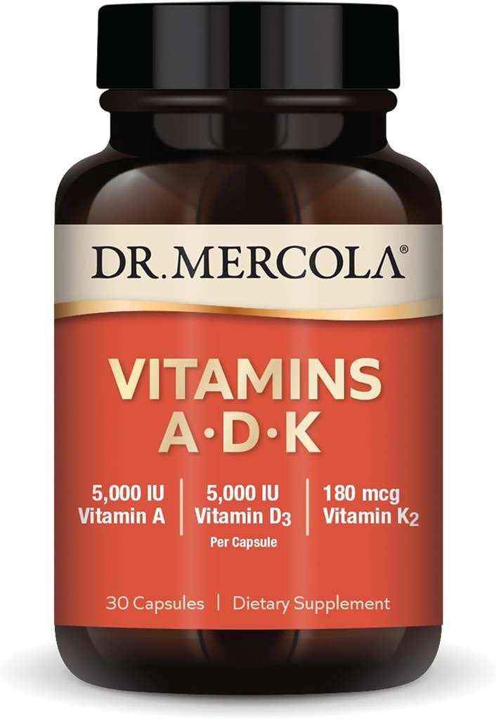 Dr. Mercola Vitamins ADK, 30 Hizmet (30 Capsules), Diyet Supplement, 5000 IU A & D3, 180 mcg K2, Destekler Immune Health, Non GMO